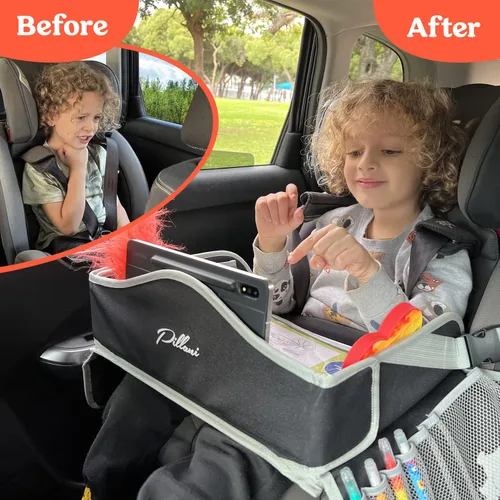 Vista 3 de PILLANI Bandeja de viaje para niños para el coche - Bandeja para asiento de coche para niños, artículos imprescindibles para viajes por carretera