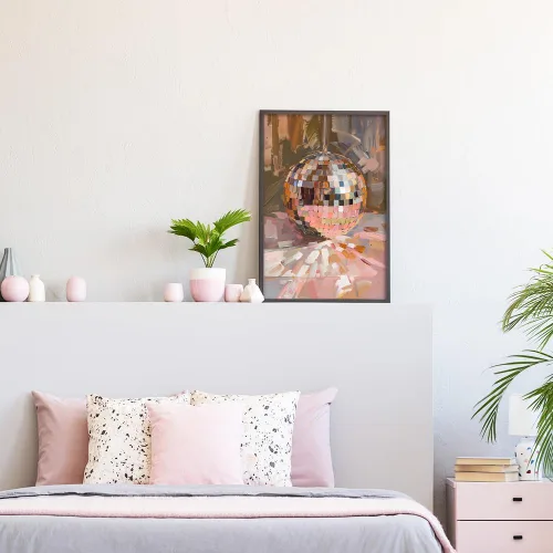 Vista 5 de Arte de Pared en Lienzo de Bola de Discoteca Rosa Suave de Moda, Póster con Textura de Bola de Espejo Plateada Funky para Chica, Impresión