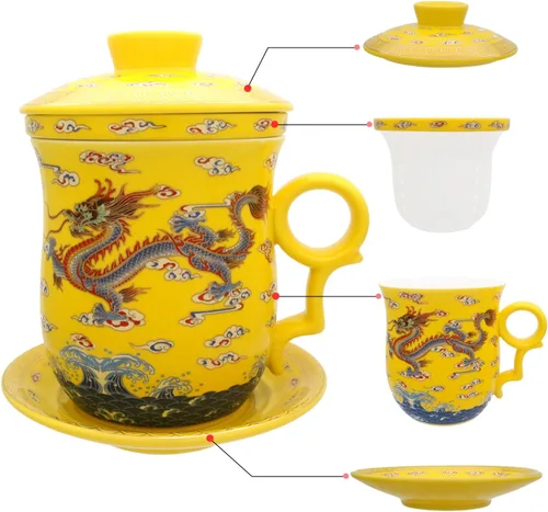 Vista 19 de Taza de té de porcelana con tapa de infusor y juegos de platillos – Taza de café de cerámica china Jingdezhen Taza de té de hoja suelta Sistema