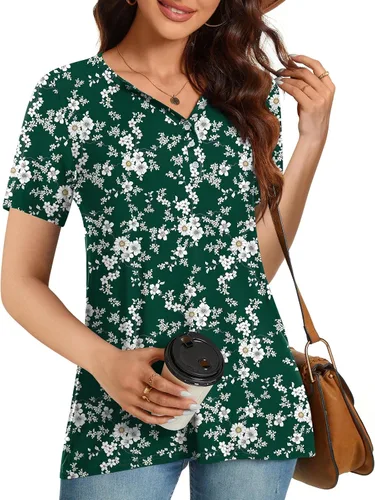 Vista 3 de CATHY Camisas elegantes de manga corta para mujer, estilo casual, con botones, cuello en V, holgadas