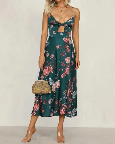 Vista 2 de Vestido de satén con largo por debajo de la rodilla para mujer, diseño con tirantes delgados, lazo frontal, espalda descubierta, abertura y calado