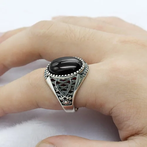 Vista 5 de Anillos vintage de plata de ley 925 maciza para hombre, anillos de piedra de ónix negro, plata tailandesa, joyería de estilo punk turco para hombre