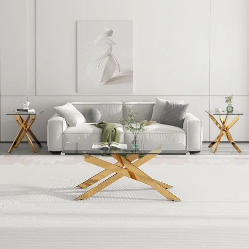 Vista 15 de Mesa de centro de cristal de 47 pulgadas, moderna tapa rectangular de vidrio templado con patas de metal con cruz dorada, mesa central de espacio