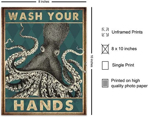 Vista 2 de Arte y decoración náutica de pulpo para pared de baño, divertida decoración de baño de playa, obra de arte de pared de baño, bonito póster