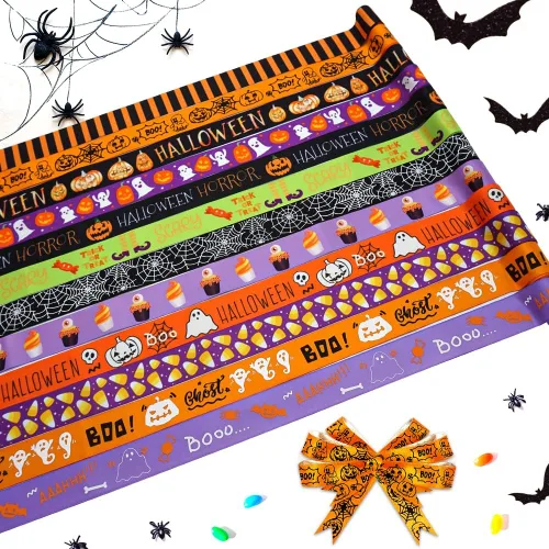 Vista 6 de Hying 6 cintas de calabaza de Halloween, 3/8 pulgadas de ancho de satén para manualidades en naranja y negro para envolver regalos y decoraciones
