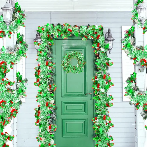 Vista 3 de XunYee Guirnalda de Oropel de Copos de Nieve para Árbol de Navidad de 98 pies, Decoraciones de Guirnalda Metálica Trenzada Roja Verde, Adorno