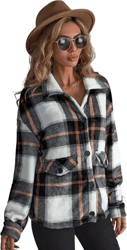 Vista 4 de SOLY HUX Chaqueta de franela a cuadros para mujer, manga larga, con botones, casual, para otoño, color negro, blanco, talla S, Tela a cuadros
