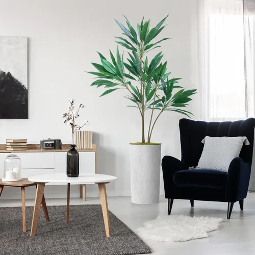 Vista 9 de Árbol artificial en macetero con efecto de mármol blanco, palmera tropical areca artificial de seda para decoración del hogar en interiores