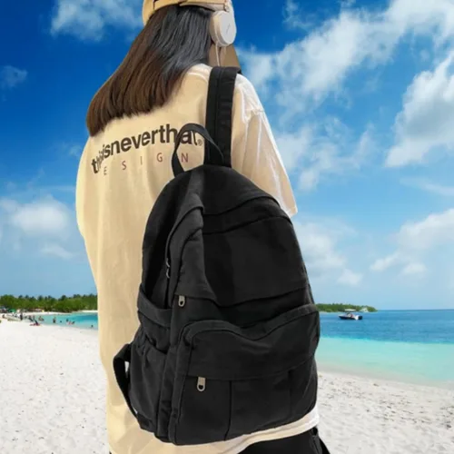 Vista 2 de Mochila de lona para mujer, mochila estética retro, mochila básica para estudiantes de secundaria/universidad, bolsa de viaje para laptop, Negro