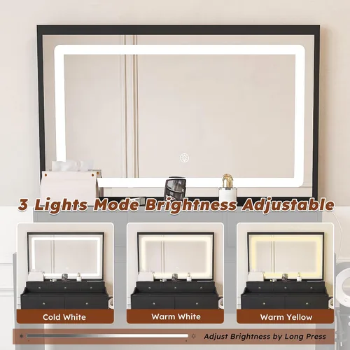 Vista 4 de Escritorio de tocador con espejo de luz LED, mesa de tocador de maquillaje con taburete, 5 cajones, soporte para secador de pelo, toma de corriente