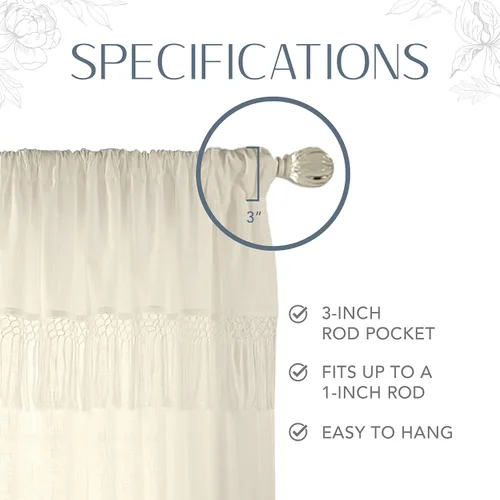Vista 4 de Elrene Home Fashions Calypso - Cortina para ventana, de algodón semitransparente con borlas de macramé anudadas a mano, con bolsillo para barra, 52