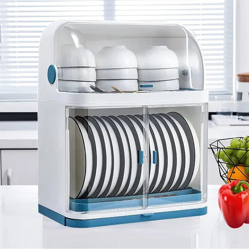 Vista 5 de Escurridor de platos, tabla de drenaje con tapa de plástico, taza de plato de cocina, tabla de drenaje de 2 niveles, soporte para utensilios