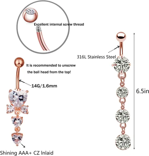 Vista 3 de NASAMA Piercing de ombligo de acero inoxidable 14G para mujer, joyería de piercing para el ombligo CZ