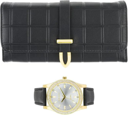 Vista 4 de Reloj de pulsera de cuero dorado para mujer y cartera de tres pliegues a juego 2-PACK ROJO - NEGRO