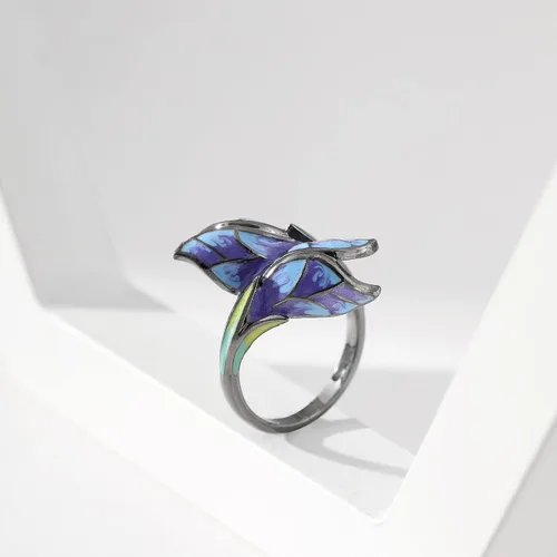 Vista 7 de Black Gothic Butterfly Rings for Women - Enamel Copper Blue Flower Colorful Ring