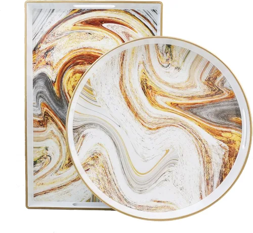 Vista 2 de Bandeja decorativa redonda de mármol blanco con asas, bandeja de servir moderna de plástico de 13" para mesa de café, baño, otomano, decoración