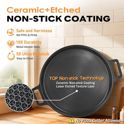 Vista 3 de Acero antiadherente para pizza grabado con láser, sartén para pizza de acero híbrido de 3 capas con núcleo de aluminio, mejor conductividad térmica