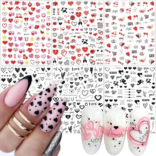 Vista 8 de 30 hojas de calcomanías de uñas para el día de San Valentín, diseño de flores, corazón, pastel de frutas, serie de labios rojos, suministros de arte