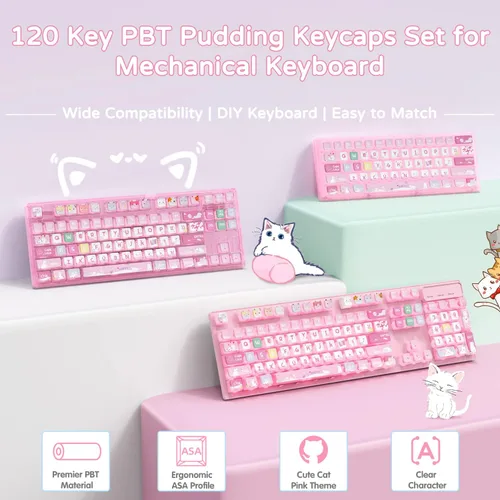 Vista 2 de Juego de teclas PBT de 120 teclas con perfil ASA con capa de PC translúcida Rosa