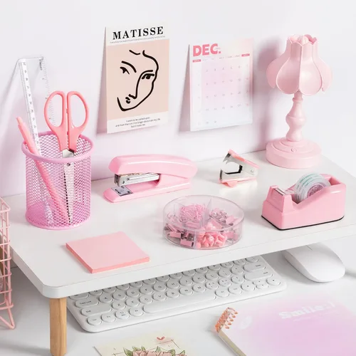 Vista 6 de Accesorios y organizadores de escritorio de oficina rosados, suministros de oficina para escritorio para mujeres, grapadora, 1000 grapas, removedor