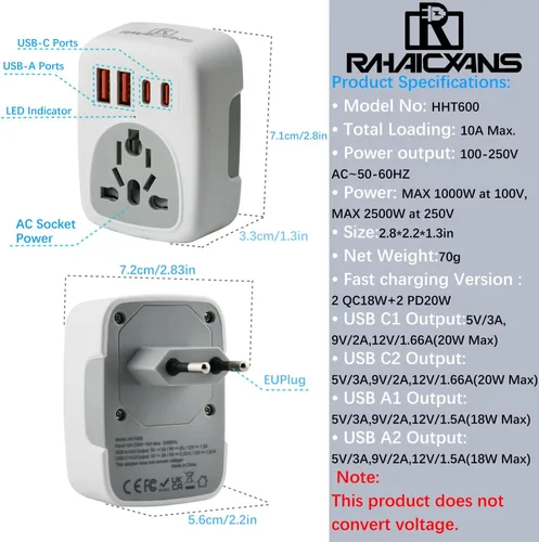 Vista 8 de Adaptador de corriente de viaje europeo con carga de 4 puertos 2 puertos USB-C de 20 W y 2 USB A de 18 W de carga rápida Enchufe de la UE