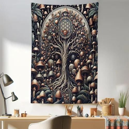 Vista 103 de Ambesonne Tapiz hippie, abrazo de hongos de ensueño y árbol de la vida místico y mandal verde, decoración de tela para colgar en la pared