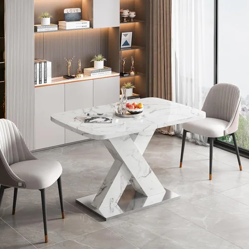 Vista 3 de Mesa de comedor extensible blanca moderna de 63 pulgadas Parte superior blanca+pierna blanca extensible