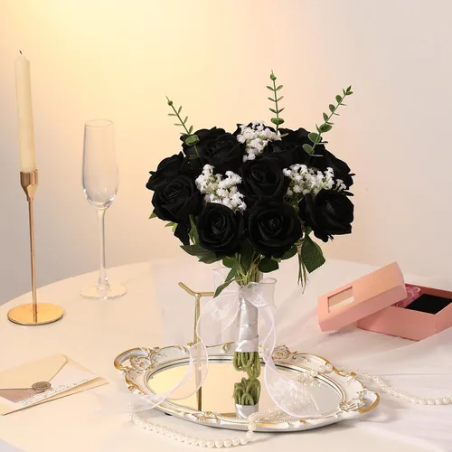 Vista 4 de Hawesome Rosas artificiales de seda – 12 piezas de rosas negras artificiales con tallos para decoración del hogar, boda, centro de mesa, hotel