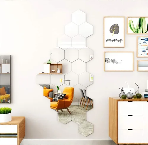 Vista 6 de Pegatinas de pared de espejo sin espejo de cristal, espejo de plástico, 3D, hexagonal, acrílico, decoración de pared, azulejos autoadhesivos