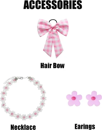 Vista 3 de Vestido a cuadros rosa para niñas, disfraces de cosplay con accesorios de 4 a 14 años