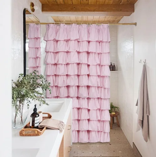 Vista 3 de Volens - Cortina de baño de tela con volantes, estilo rústico de granja, color rosa, para baño, 72" x 72