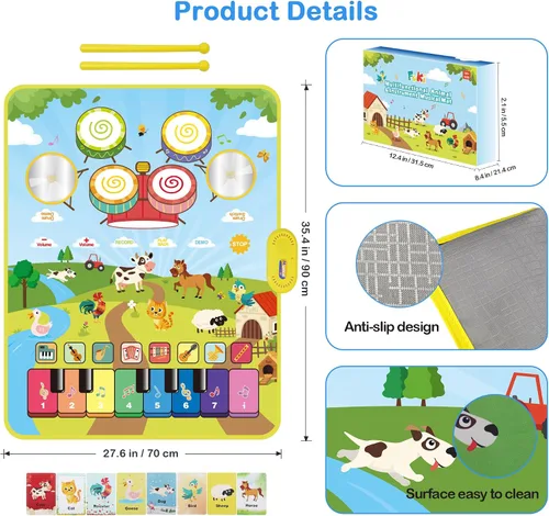 Vista 7 de FOKI Alfombrillas de piano, 3 en 1, tapete de juego musical de animales con piano y tambor para juguetes Montessori sensoriales de aprendizaje