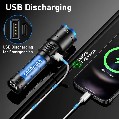 Vista 5 de Linternas recargables de alto lúmenes, 100000 LM, batería de 5000 mAh con pantalla LCD, 3 modos, zoomable e impermeable IP67, para camping, pasear