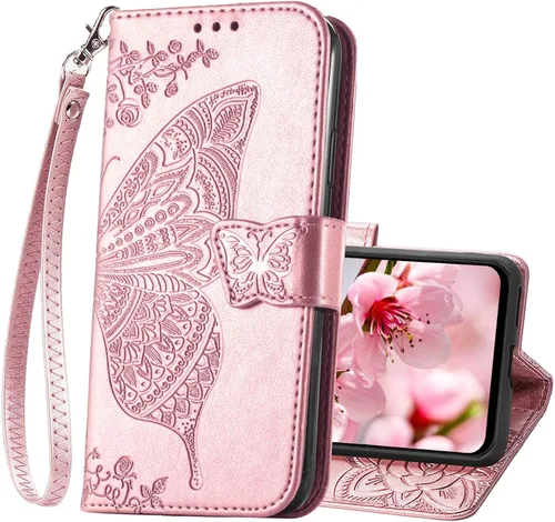 Vista 11 de Funda para teléfono Galaxy A14 5G, funda de piel sintética en relieve de mariposa con tarjeteros para tarjetas de crédito, correa de muñeca