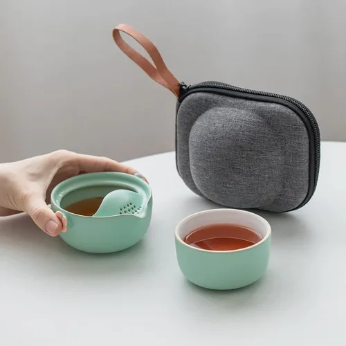 Vista 9 de HEER Travel Gaiwan - Juego de té para uno, juego de tazas de tetera portátil de porcelana, diseño de flor de ciruelo, regalo para mujeres (azul)