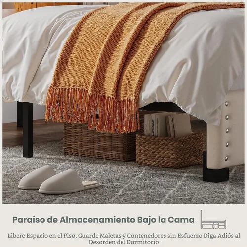 Vista 5 de EnHomee Base de cama individual con luces LED y USB, sin ruido, color beige