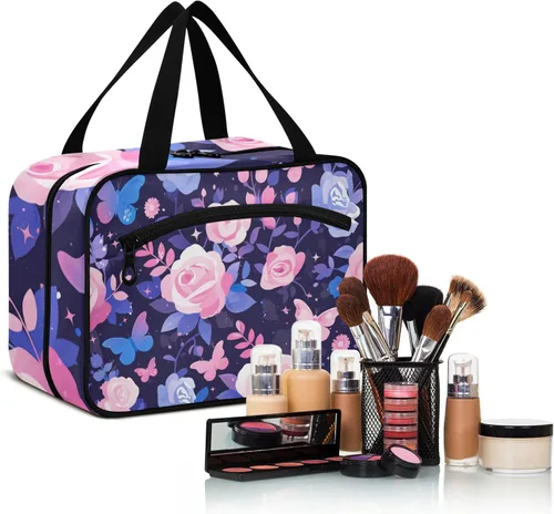 Vista 6 de Purple Peach Elegant Blooms bolsas de aseo de viaje colgantes para mujeres con gancho, bolso esencial de diseñador para el cuidado de la piel