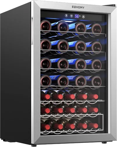 Vista 14 de EUHOMY Nevera de vino independiente de 18 litros, mini nevera para 4 botellas y 6 latas para vino tinto y blanco, bodega con pantalla digital LED