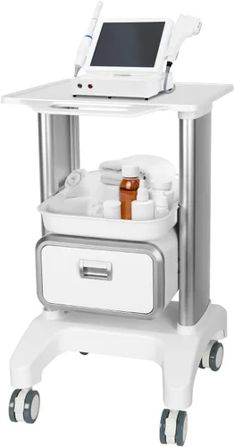 Vista 9 de Carrito móvil para escáner portátil de imágenes por ultrasonido, carrito de almacenamiento de belleza, 110 libras, carga con 3 cajones, 4 ruedas