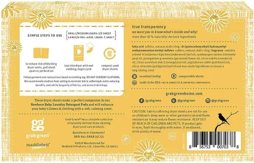 Vista 2 de Grab Green Newborn Baby Dryer Sheets, 120 Count, Calming Chamomile Scent
