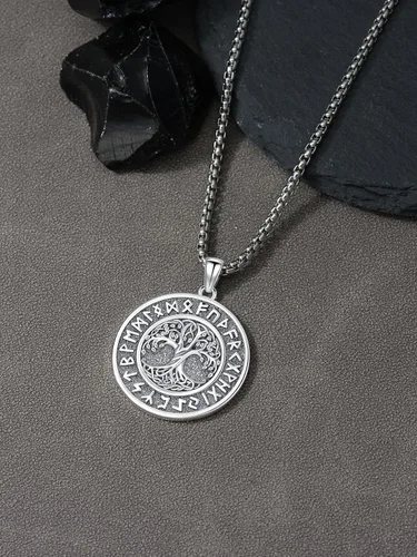 Vista 4 de Collar vikingo para hombre, plata de ley 925, lobo vikingo, martillo de Thors, vegvisir, árbol de la vida, brújula, colgante nórdico, amuleto