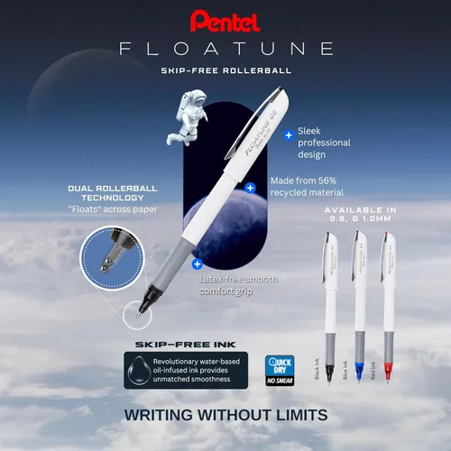 Vista 6 de Pentel Floatune Rollerball, punta media de 0.8 mm, tinta negra, paquete de 8 bolígrafos (BY108PF8A)
