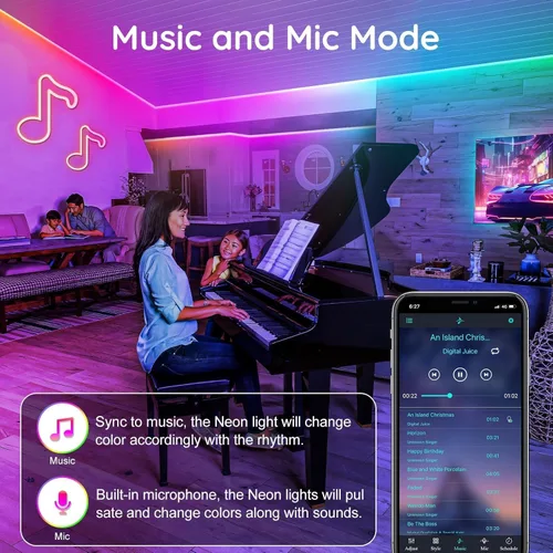 Vista 2 de RCUICA Luces de Cuerda de Neón de 32.8 Pies, Luces de Cuerda LED Flexibles con Control por App/Control Remoto, Múltiples Modos de Sincronización