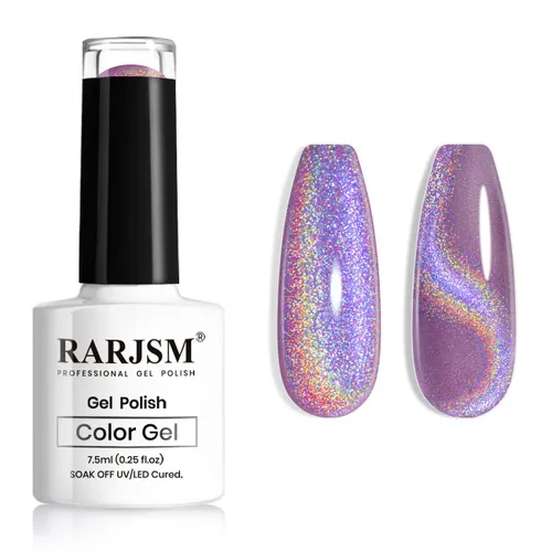 Vista 12 de RARJSM Esmalte de uñas de gel con purpurina holográfica plateada, efecto arcoíris galáctico, universal, sin imán, para secado con lámpara UV o LED