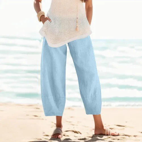 Vista 5 de Lroplie Pantalones capri de algodón y lino para mujer, con cordón ajustable, pierna ancha, pantalones capri relajados con bolsillos