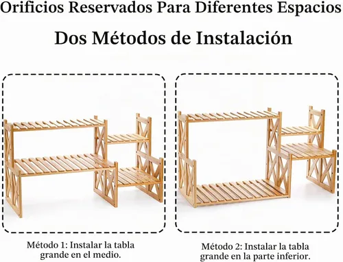 Vista 4 de Lawei Soporte de bambú de 2 niveles para plantas de mesa, soporte ajustable para macetas, soporte de exhibición para macetas, estante pequeño