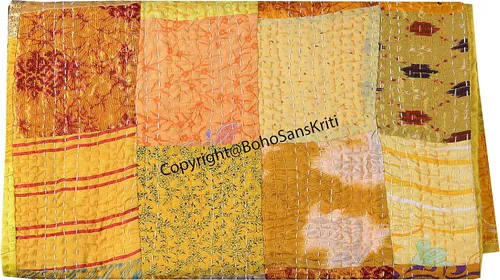 Vista 13 de Boho Sanskriti Colcha de seda india Kantha de retazos de seda tamaño Queen Twin Patola Colcha Negro