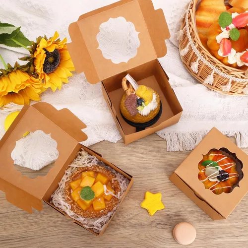 Vista 5 de 100 cajas pequeñas para galletas con ventana, cajas pequeñas de panadería de 4 x 4 x 2.5 pulgadas Mini cajas de postre marrones con ventana