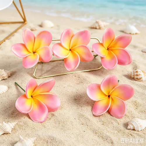Vista 5 de 10 flores artificiales de plumeria con tallo, albaricoque