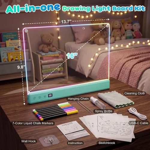 Vista 8 de Comzler Tablero de dibujo LED recargable de 16" para niños con 16 efectos Azul